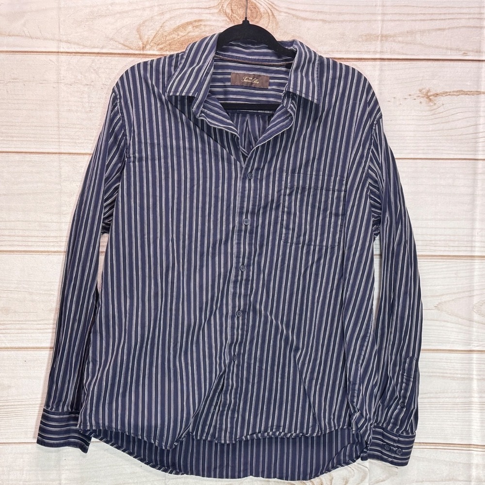 Tasso Elba Mens Navy Blue‎ White Striped 100% Cotton Button Down Shirt Large